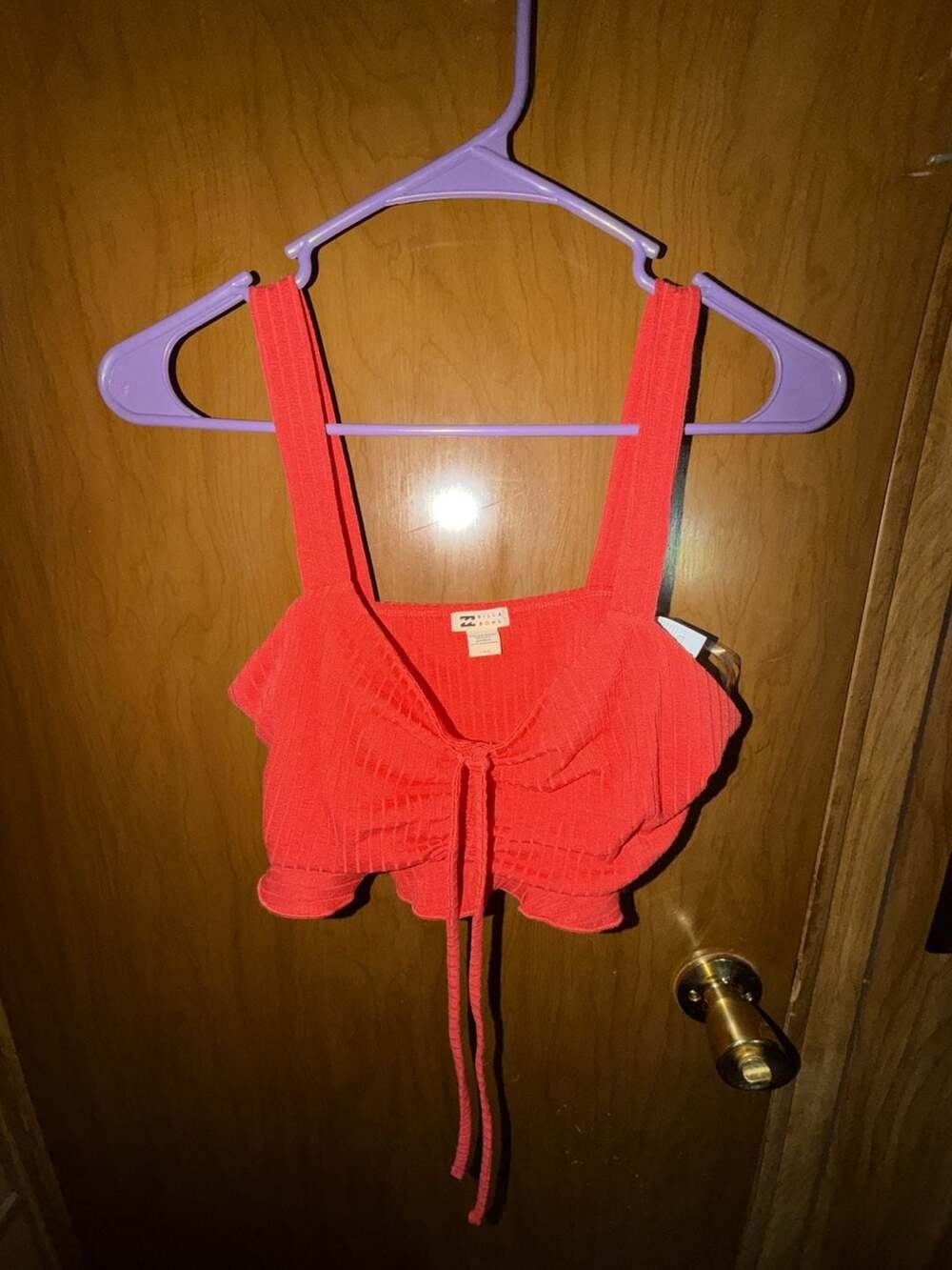 Billabong Red Ribbed Tie-Front Ruffle Crop Top Size L